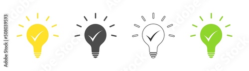 Approved icon in light bulb set. Vector.