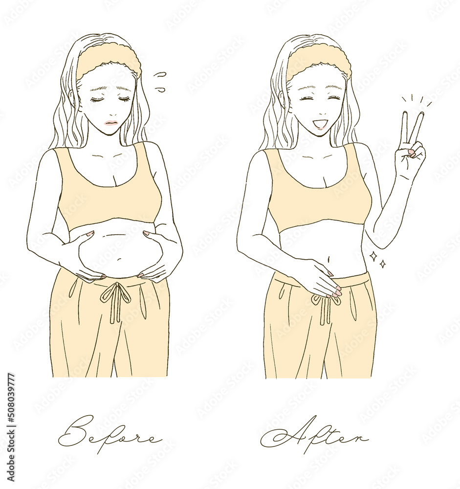 ビューティー　お腹のダイエットに成功する女性のイラストレーション