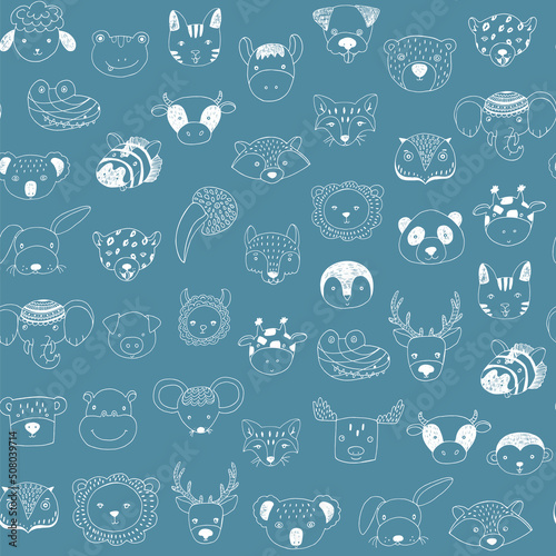 Animal funny faces with trendy glasses vector seamless pattern