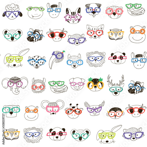 Animal funny faces with trendy glasses vector seamless pattern