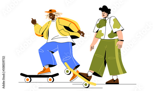 Relaxing together at leisure time. Guy on skateboards, active lifestyle and sport. Teenagers have fun in city park. Extreme rest on skatepark. Summer or spring season. Cartoon flat vector illustration