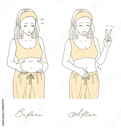 ビューティー　お腹のダイエットに成功する女性のイラストレーション