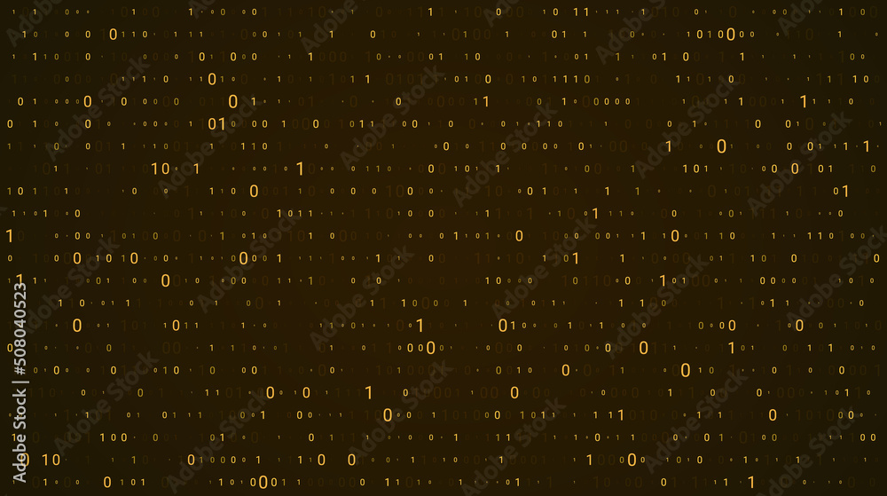 Abstract binary background for hackathon and other digital events. Gold fallen zero numbers with matrix effect on futuristic background.
