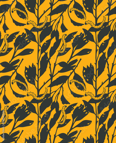 seamless pattern with caterpillars and leaves, retro vector