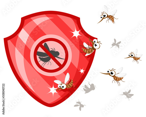 Red shield repels mosquito bites on a white background. Mosquitoes protection