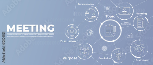 Web banner icon for meeting and convening, topic, goal, brainstorming, communication, discussion, video conference and conclusion. Business banner with icons. Business concept. Vector Illustration.