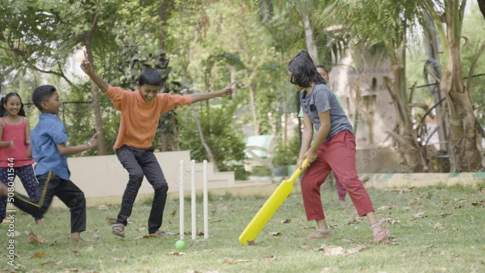 kids celebratng due to Girl kid got out bowled while playing cricket at park - concept of sports, entertainment and active lifestyle