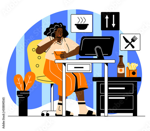 Remote work disadvantages. Woman eats fast food and watches TV shows, movies and series at night, rest after work and wrong mode of day. Sedentary lifestyle concept. Cartoon flat vector illustration