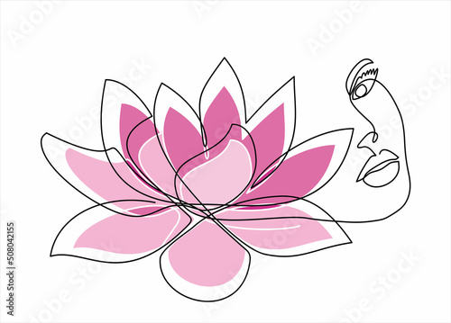 Woman face continuous one line vector drawing. Style templates with abstract female face and lotus. Modern minimalist simple linear style. Beauty fashion design