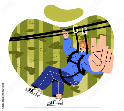 Resting in nature on adventure. Guy rolls down on tightrope, amusement park and active lifestyle. Holidays for weekend and entertainment, happy boy show fingers. Cartoon flat vector illustration