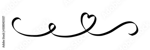 Heart and love swirl divider. Hand drawn sketch doodle style border. Line scribble heart thread vector illustration. Love and wedding concept.
