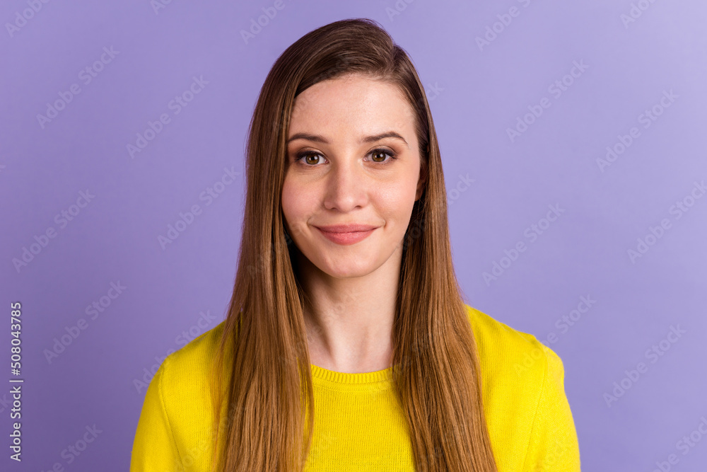 Fototapeta premium Photo of young charming woman intelligent representative expert isolated over purple color background