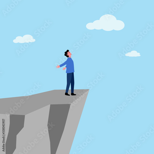 Young man feel free and breathing fresh air on the top of mountain in flat design.