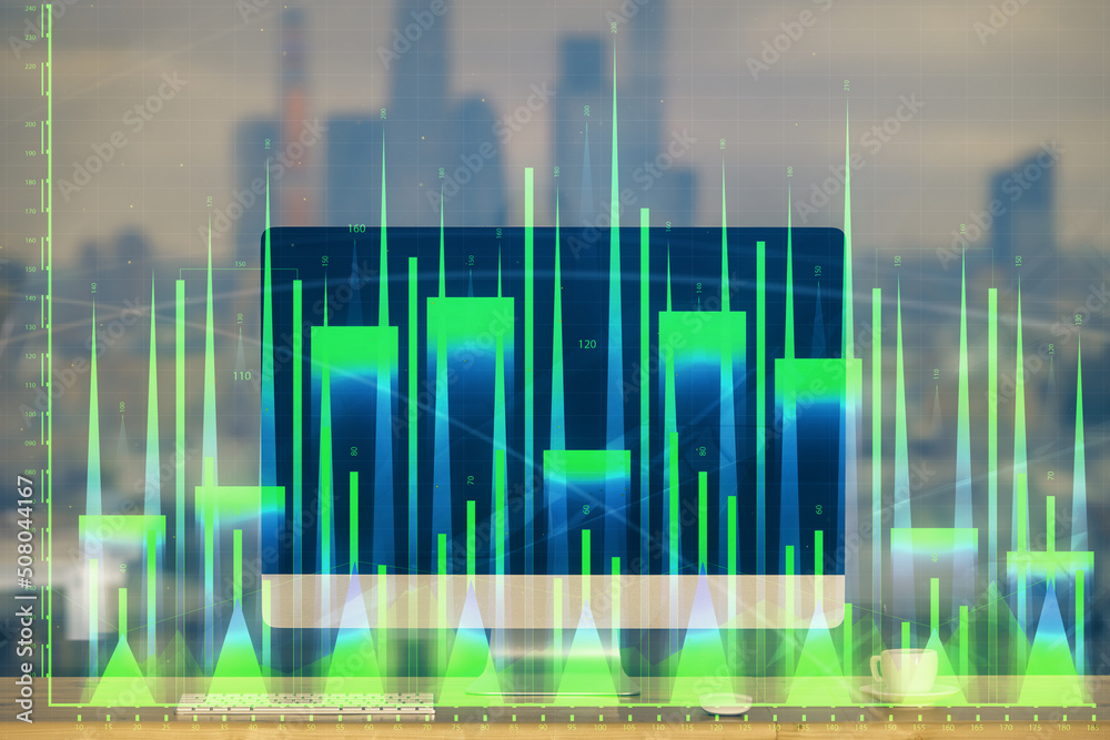 Forex market graph hologram and personal computer on background. Multi exposure. Concept of investment. Forex market graph hologram and personal computer on background. Multi exposure. Concept of investment.