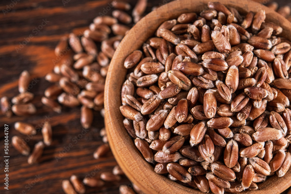 Raw wheat grain in wooden utensils Raw wheat grain in wooden utensils