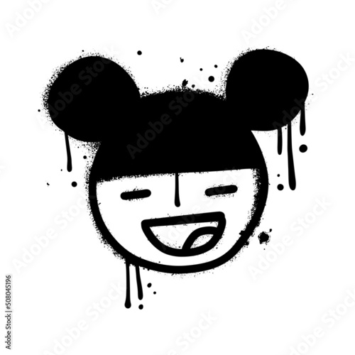 Cool girl smiling face - Urban street graffiti style. Trendy girl drawn with splash effect and drops. Black hair, white background. Print for graphic tee, sweatshirt. Vector hand drawn illustration.