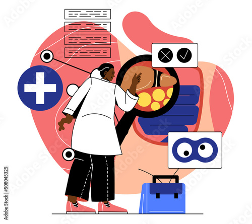 Sections of medicine. Man with magnifying glass examines liver. Scientific research and teaching students at Medical University. Evaluation of work of organs. Cartoon flat vector illustration