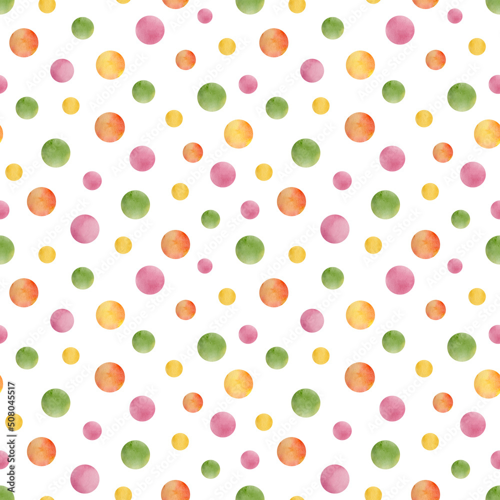 Watercolor colorful dots seamless pattern. Red, green, yellow, pink polka dot repeated tile isolated on white background. Bright merry confetti spot ornament. Round paint shapes drawing.