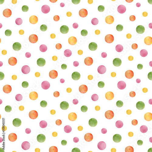 Watercolor colorful dots seamless pattern. Red, green, yellow, pink polka dot repeated tile isolated on white background. Bright merry confetti spot ornament. Round paint shapes drawing.
