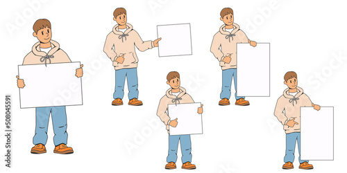 A set of men holding an advertising banner for text and other information. Hitch-hiking. The concept of advertising. Stock vector illustration of a man with a poster. Isolated white background.