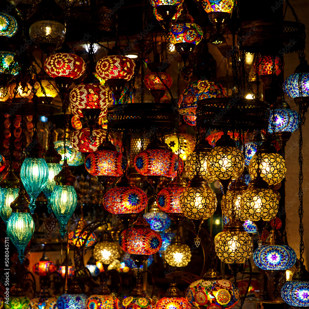 Stained glass lamps, and colorful oriental craft products in the traditional east bazaar