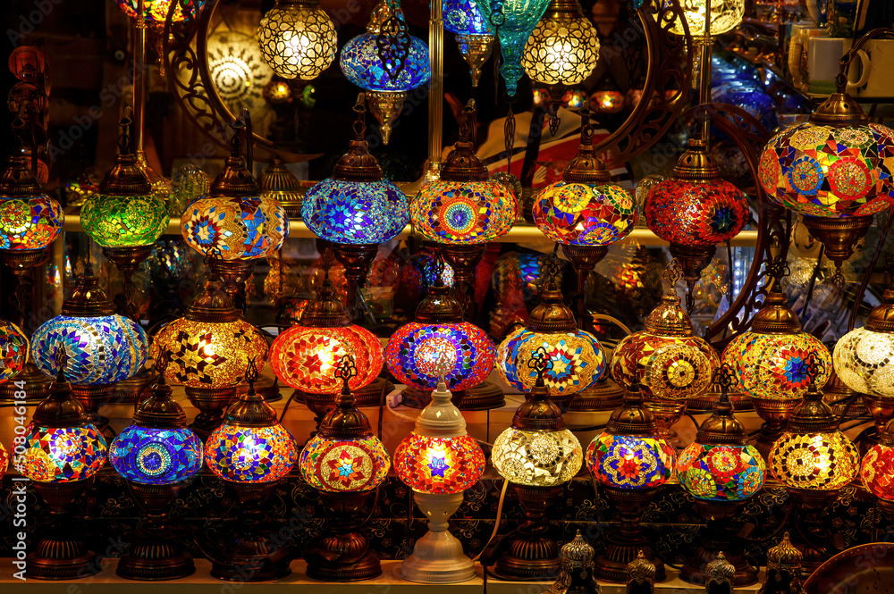 The set of traditional vintage Turkish lamps. Arabic lanterns background.