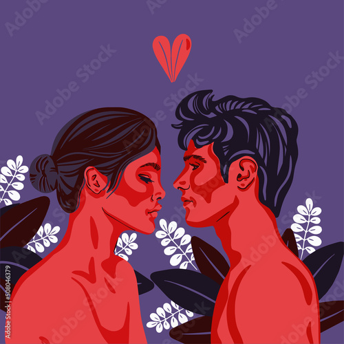 The man and woman are facing each other. The concept of love, tenderness, intimacy and relationships. The couple is in love. Vector flat illustration.