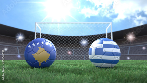 Two soccer balls in flags colors on stadium blurred background. Kosovo and Greece. 3d image