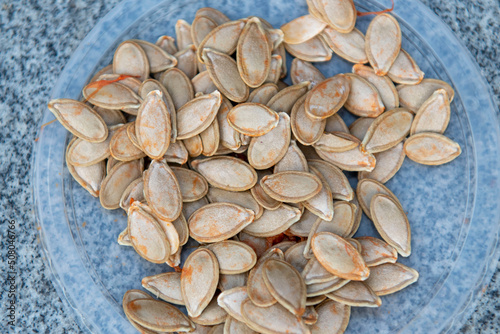 background of isolated peeled pumpkin seed kernel in the sun