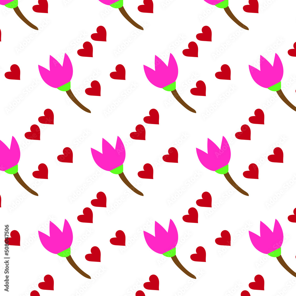 Seamless pattern floral with pink flowers and hearts. Vector illustration for or wrapping paper, print, poster and wallpapers. Seamless pattern floral with pink flowers and hearts. Vector illustration for or wrapping paper, print, poster and wallpapers.