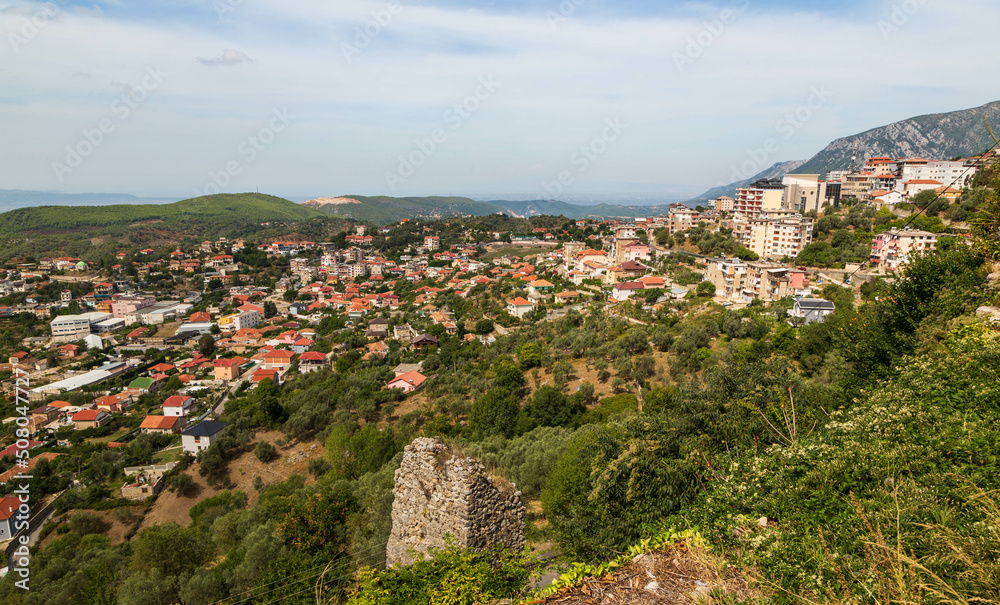 Kruja, Albania - September, 2021: View over the town of Kruje in Albania.