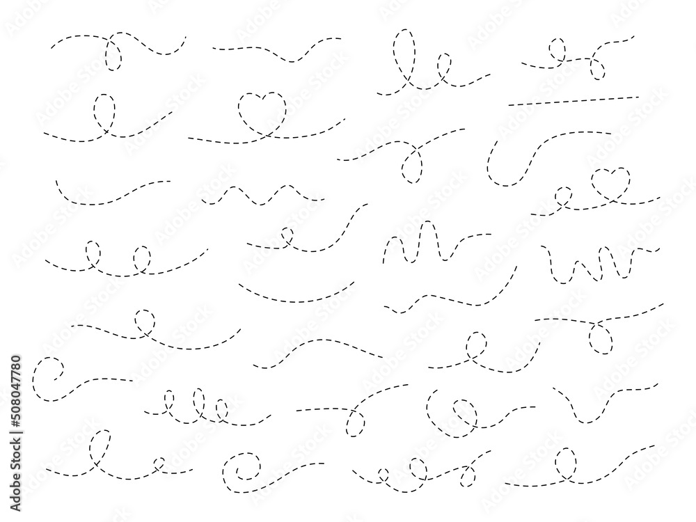 Dotted line doodle set. Hand drawn dashed different way element. Linear