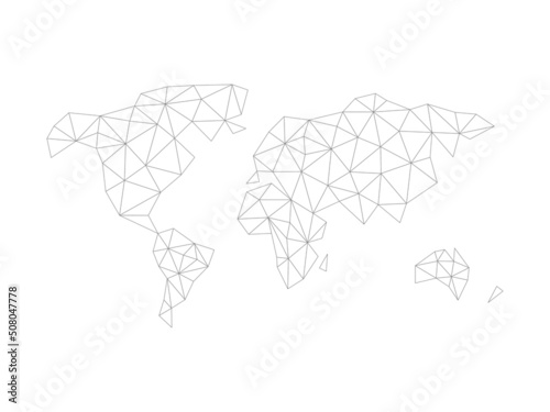 World map with connected triangular shapes. Low poly continents line drawing symbol. Earth globe with polygonal elements. Vector illustration isolated on white background.