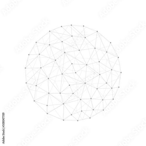 Sphere with connected triangular shapes. Low poly circle line drawing symbol. Wireframe round shape with polygonal elements. Vector illustration isolated on white background.