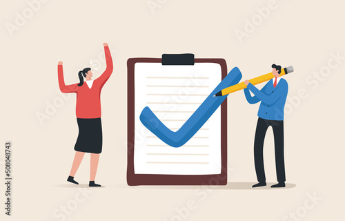 Checklist of completed tasks, achievements, or projects. Manager and Employee standing near clipboard with checkmark approval.