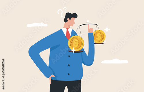 Balance Your Portfolio Between Bitcoin and Dollars. The concept of investing in currency. Foreign exchange trading. Investors manage their investment portfolios in a balanced way.