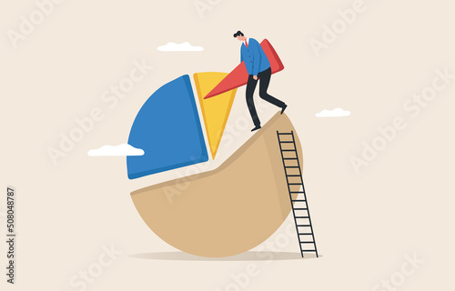 Portfolio Rebalancing or asset allocation. Businessman or investor Stand on the pie chart to balance your investment portfolio according to the economic conditions.