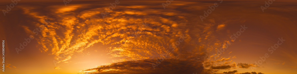 Fototapeta premium Dramatic sunset sky panorama with Cirrus clouds. Seamless hdr 360 pano in spherical equirectangular format. Complete zenith for 3D visualization, game and sky replacement for aerial drone panoramas