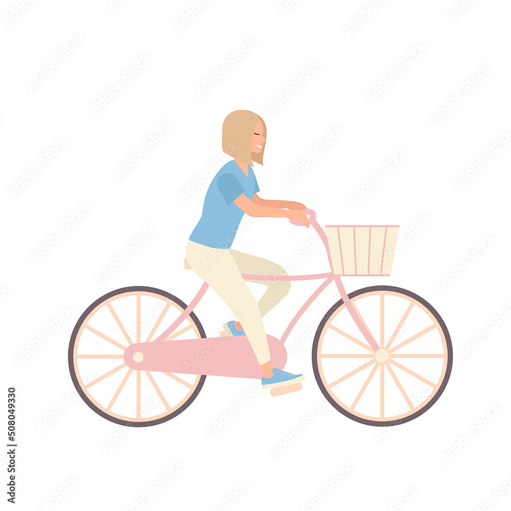 A woman with blonde short hair riding a bicycle with a basket in pastel colors A woman with blonde short hair riding a bicycle with a basket in pastel colors