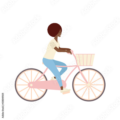Fototapeta Naklejka Na Ścianę i Meble -  A black girl with afro hairstyle riding a bicycle with a basket in pastel colors