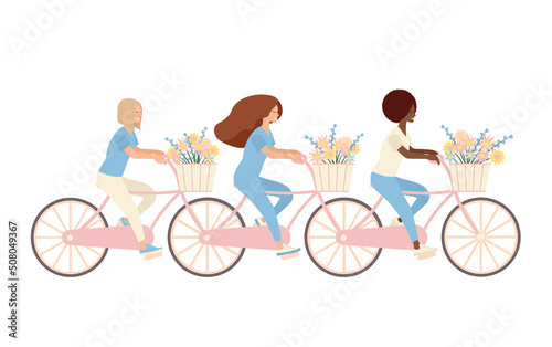 Three different girls on a tandem bike with basket and flowers in pastel colors