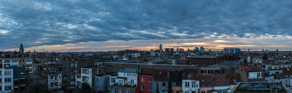 Jette, Brussels Capital Region - Belgium -  Extra large panoramic view over the skyline of North, West and Central Brussels during sunrise