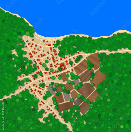 The landscape with trees, resort beach, houses, holiday hotels