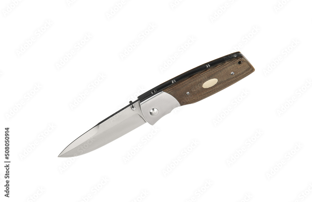 Pocket folding knife isolate on white back. Compact metal sharp knife with a folding blade. Pocket folding knife isolate on white back. Compact metal sharp knife with a folding blade.
