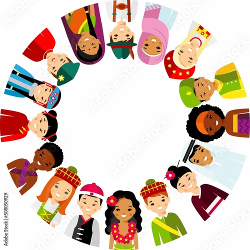 Vector illustration of multicultural national children, people on planet earth.
Set of international people in traditional costumes around the world.