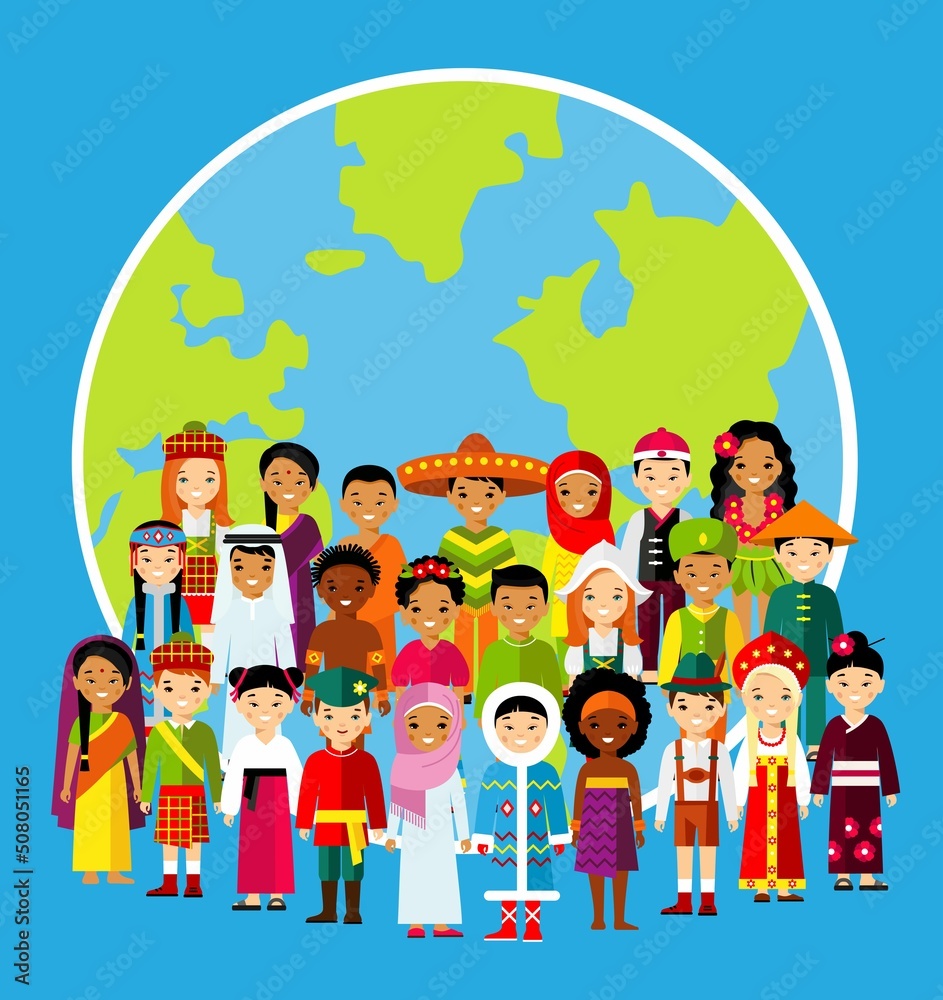 Vector illustration of multicultural national children, people on planet earth.
Set of international people in traditional costumes around the world.