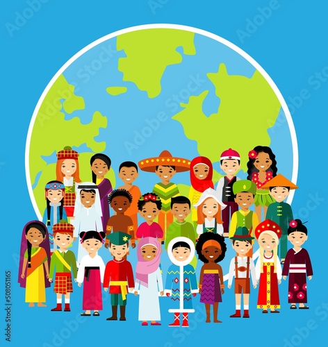 Vector illustration of multicultural national children  people on planet earth. Set of international people in traditional costumes around the world.