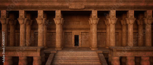 Cinematic wide panorama of entrance to ancient Egyptian tomb with stone steps and collumns. 3D rendering. photo
