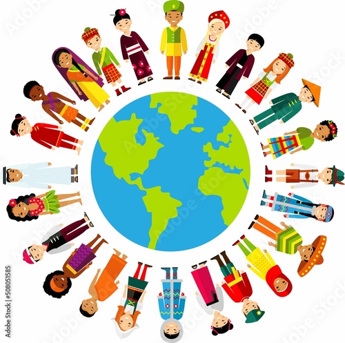 Vector illustration of multicultural national children, people on planet earth.
Set of international people in traditional costumes around the world.