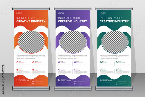 Modern corporate standee business roll up banner design template with abstract orange, purple and green stylish backround stand design